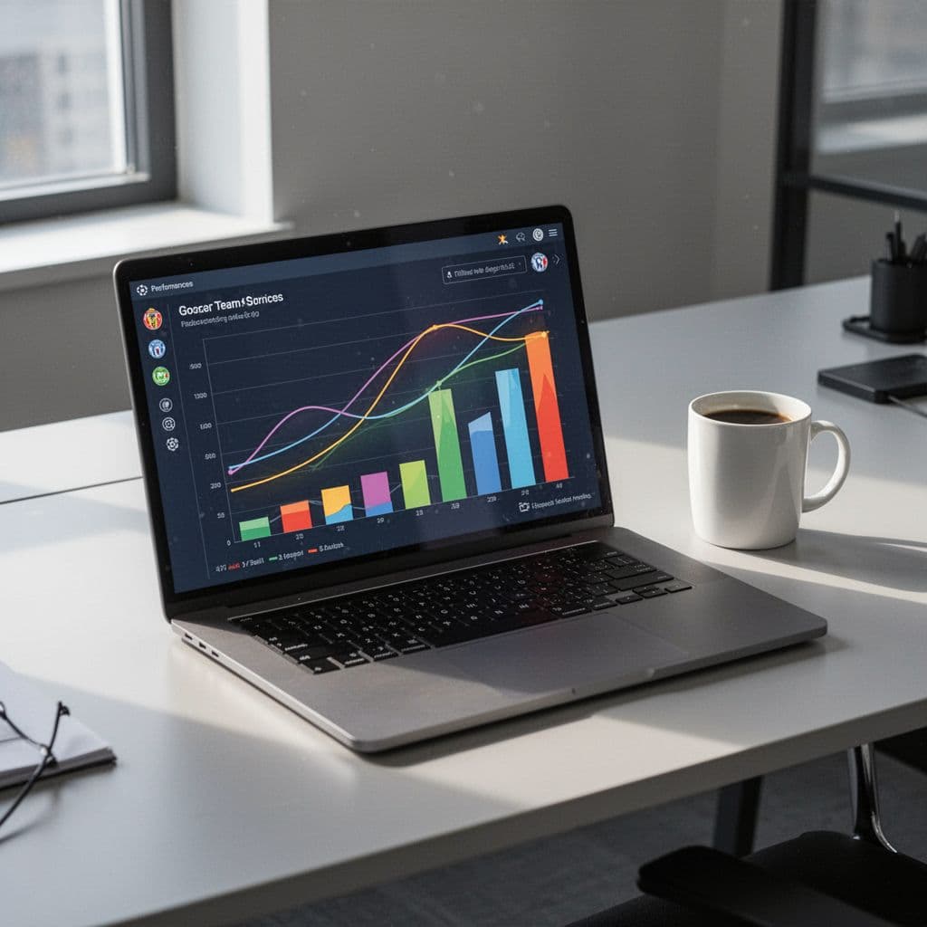 A laptop displays soccer performance graphs and charts on a clean modern office desk.