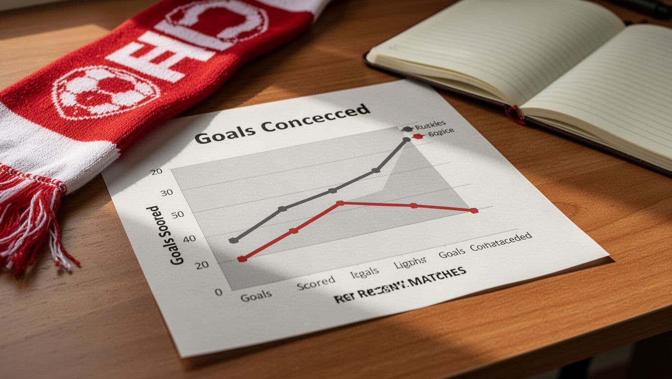 Line graph on paper shows rising goals scored and falling conceded, on wooden desk with red-white scarf and notebook.