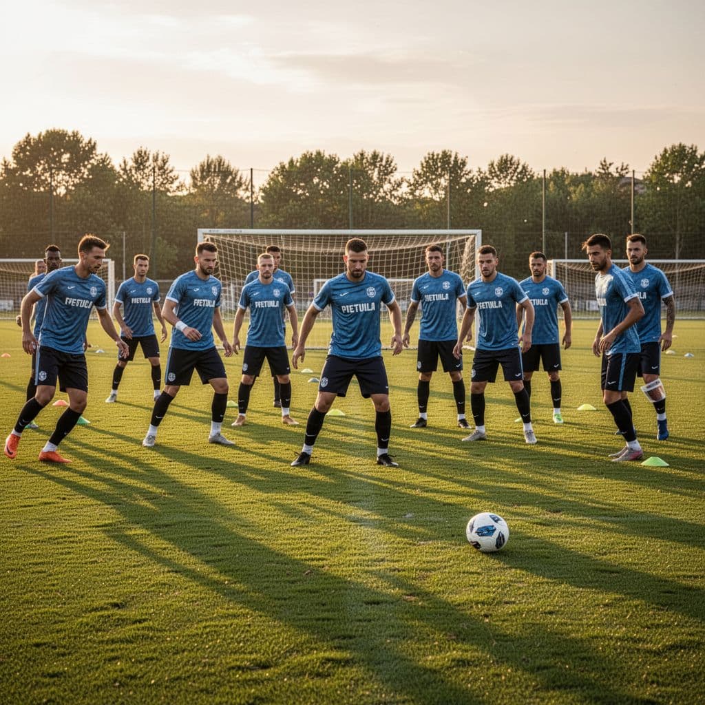 Soccer team practices tactical drill on green field during golden hour.
