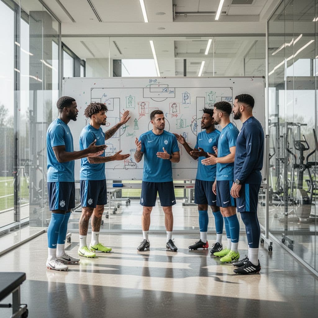 Five soccer players and coaching staff collaborate around a tactical whiteboard in a modern training facility.