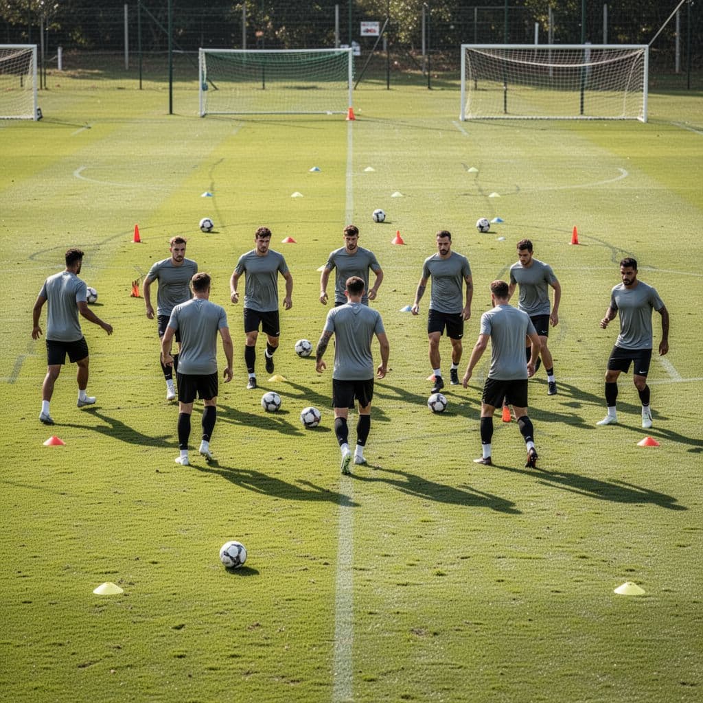 Ten soccer players in matching athletic gear coordinate tactical formations across a vibrant green field. Bright daylight illuminates their synchronized movements as they practice strategic positioning during a professional training session.