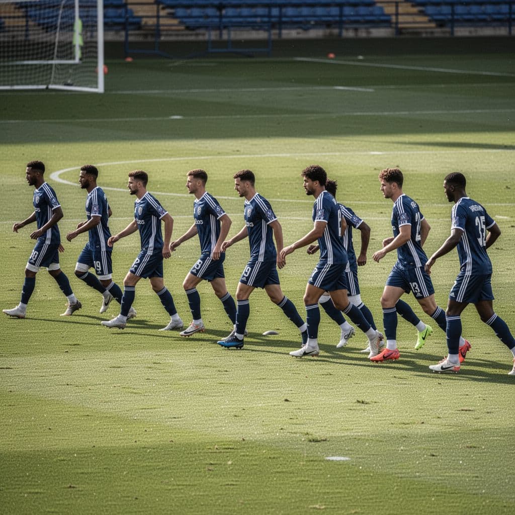 A group of soccer players practice coordinated tactical movements on a sunny field.