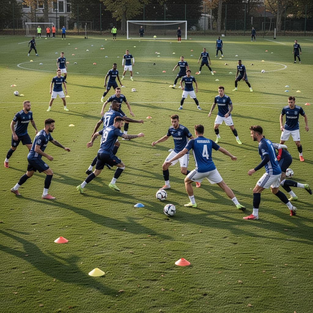 Pemain sepak bola menjalani latihan terstruktur di lapangan hijau, dengan fokus pada fase bertahan dan menyerang.