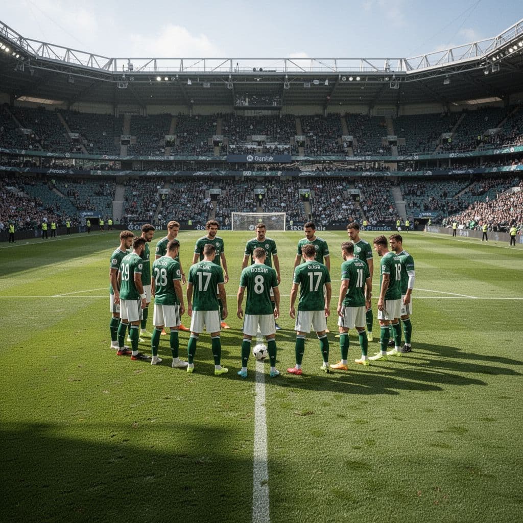 Soccer team forms compact defensive line on green stadium field.