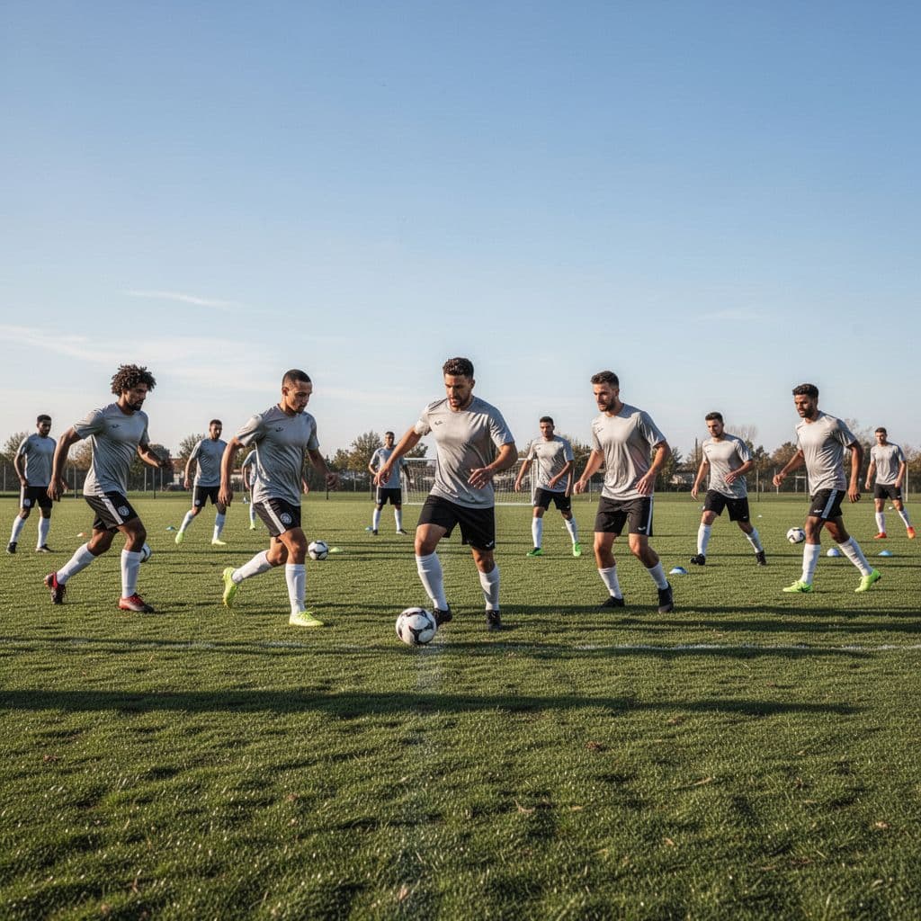 Professional soccer team trains on grass field under clear blue sky.