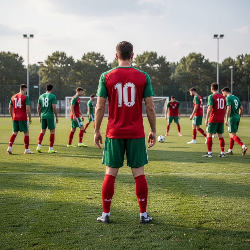 Professional soccer team trains on grass field under soft daylight, focusing on player in red and green kit with back to camera.