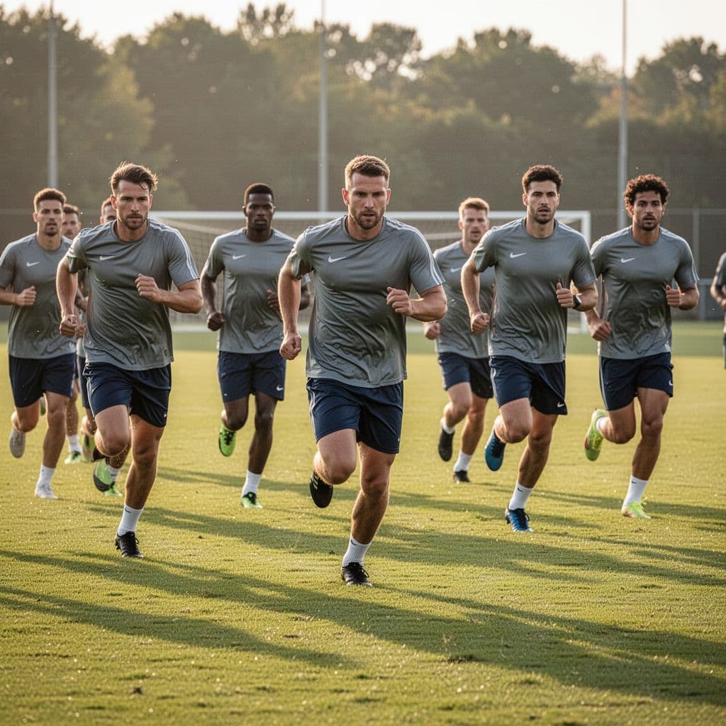 A group of focused soccer players wearing training kits runs across a grass field at sunrise.