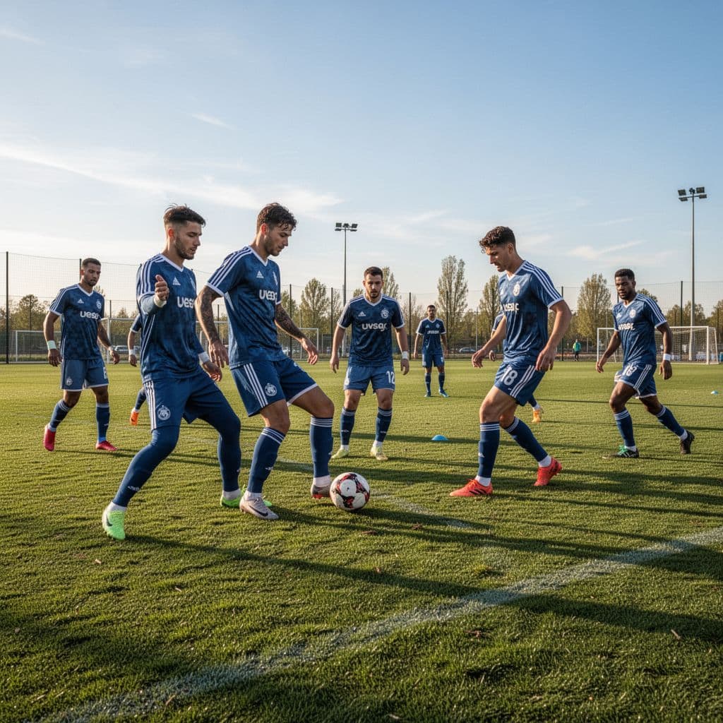 Professional soccer team trains on green grass pitch in sunny weather with clear blue sky.