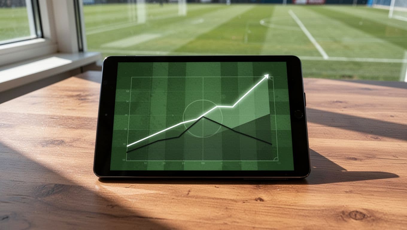 Tablet on table shows line graph with rising goals scored and falling conceded lines in black-white accents on subtle soccer field.