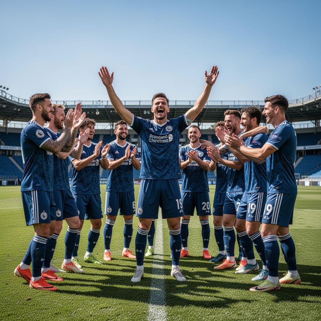 Professional soccer team celebrates on sunny stadium field, one player raises arms in joy.