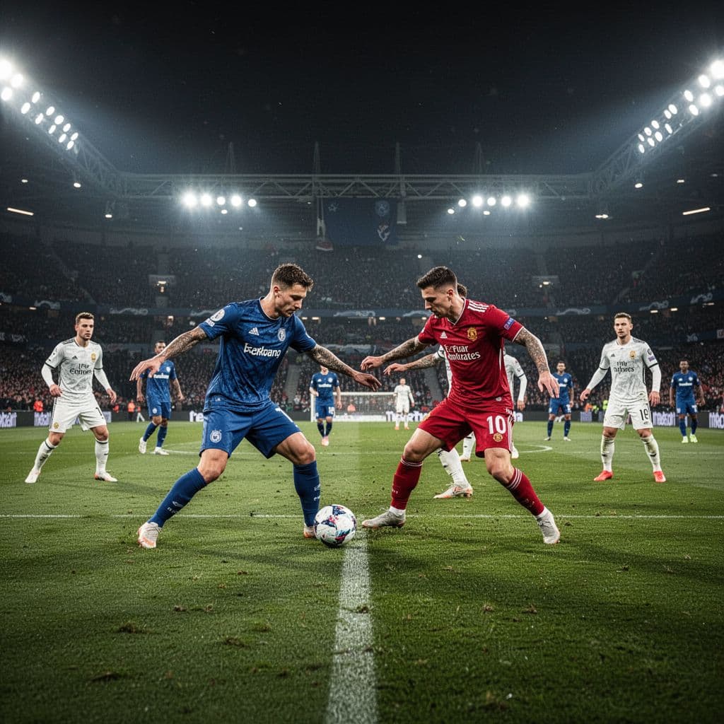 Two opposing soccer teams in different jerseys stand on a green field during a night match, focused on midfield.