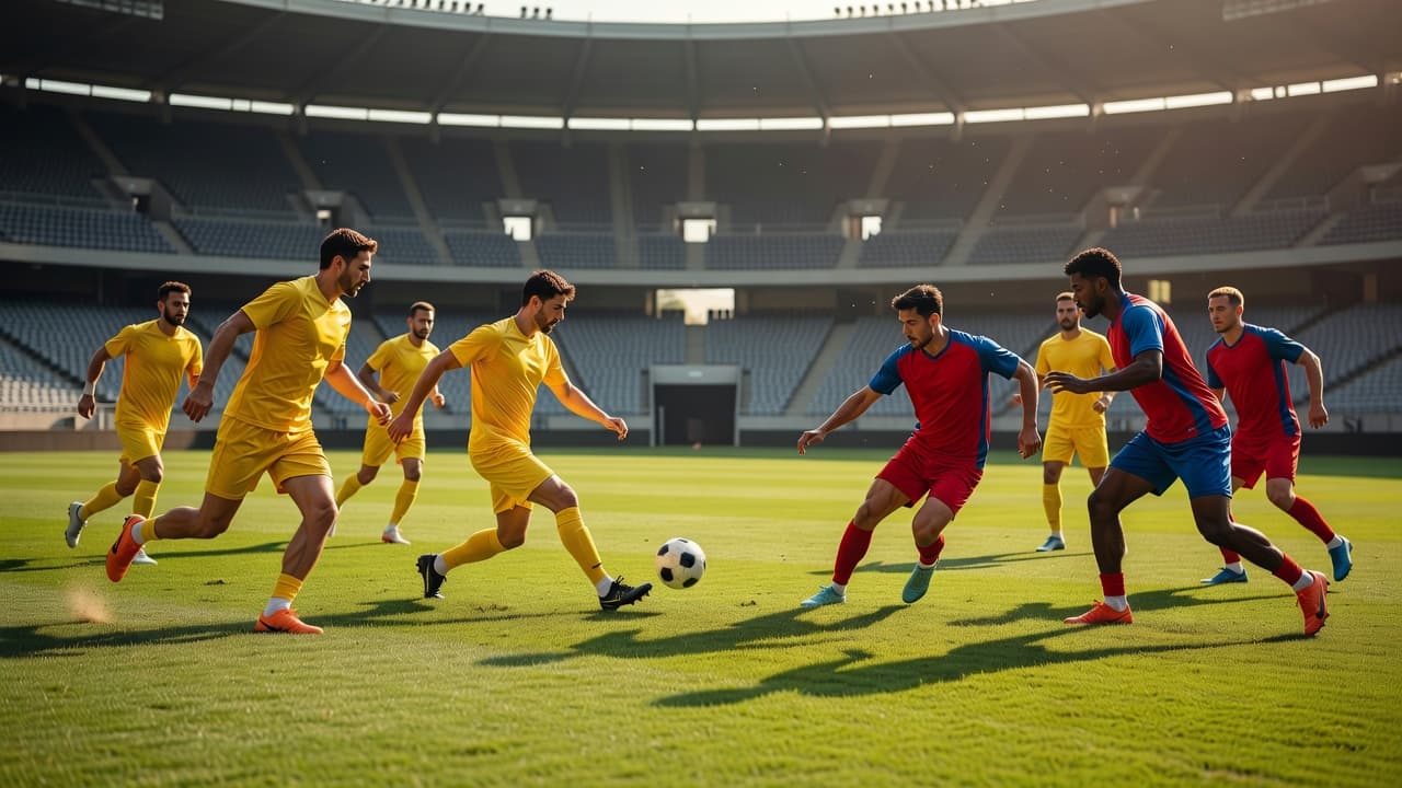 Players in yellow jerseys drill on one side of the green grass while opponents in red and blue kits practice ball control nearby. Soft golden hour light illuminates the massive stadium.
