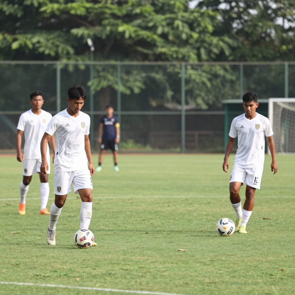 Two soccer teams in white and green uniforms practice on a field while a coach watches nearby.