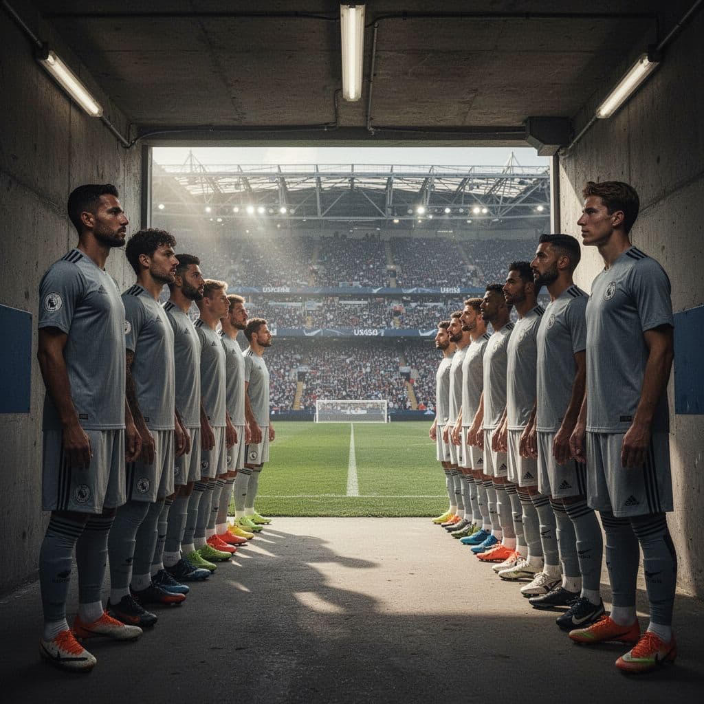 Two soccer teams in jerseys stand side by side in a stadium tunnel under dramatic lighting.