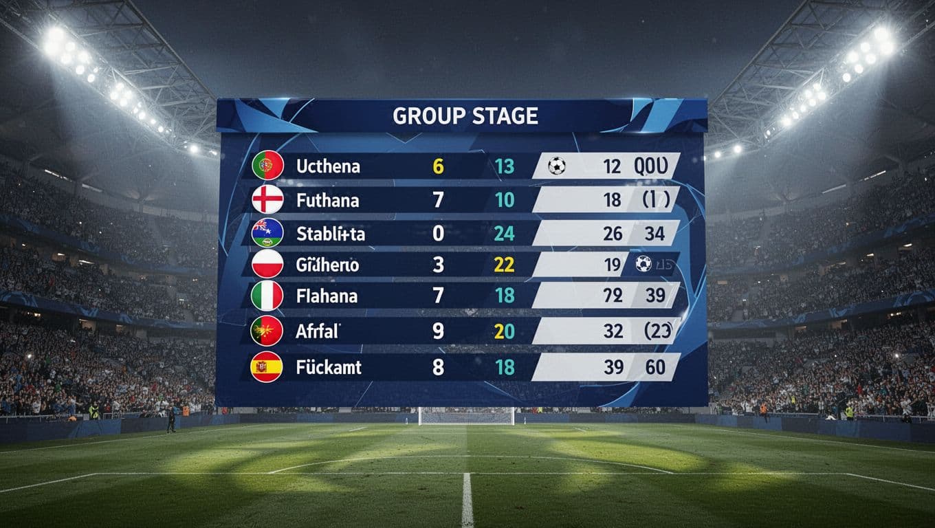A digital scoreboard displays professional group stage rankings featuring national flags and point tallies against a blurred stadium backdrop. The clean interface clearly lists team performance statistics for the ongoing tournament.
