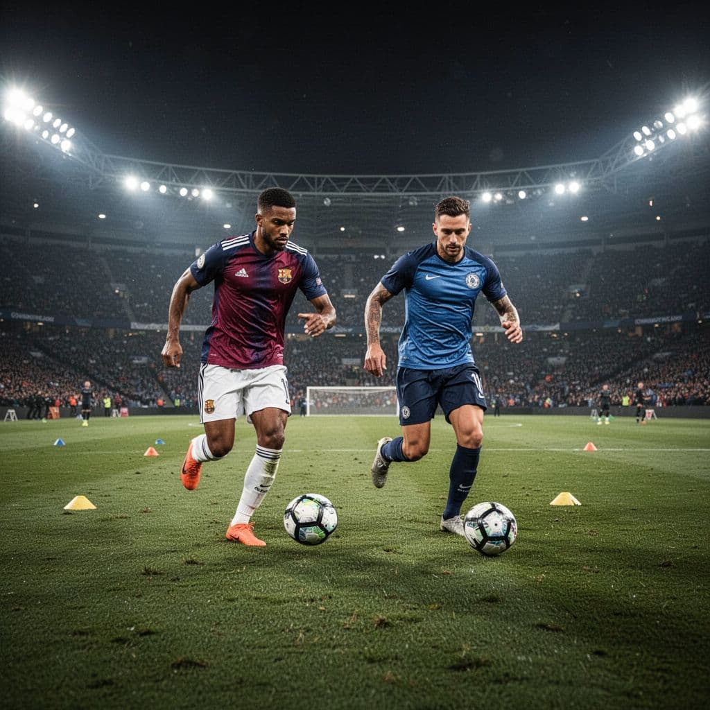 Two professional athletes in contrasting uniforms engage in high-intensity training drills on a vast grass pitch. Massive stadium floodlights illuminate the night air, casting sharp shadows across the lush green surface.