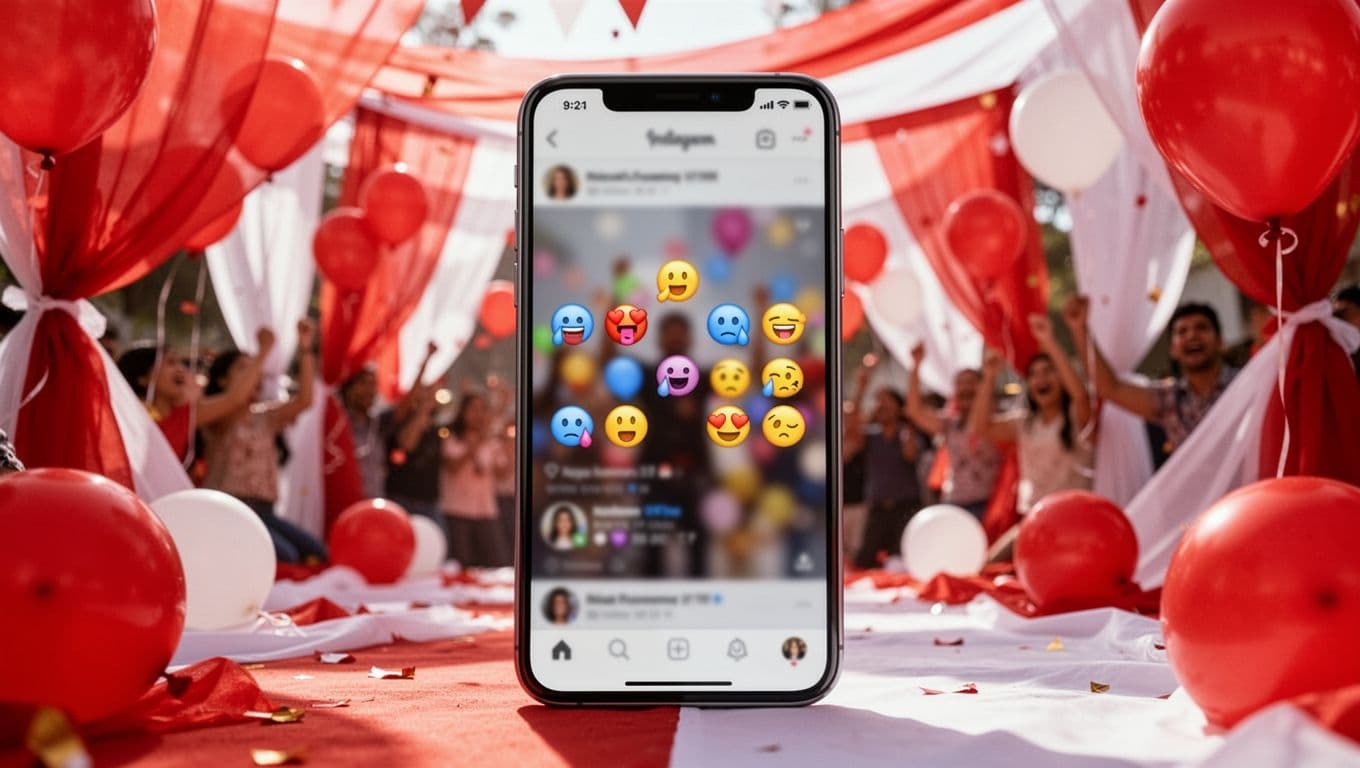 A smartphone displays a rapid stream of social media reaction icons against a festive celebration background.