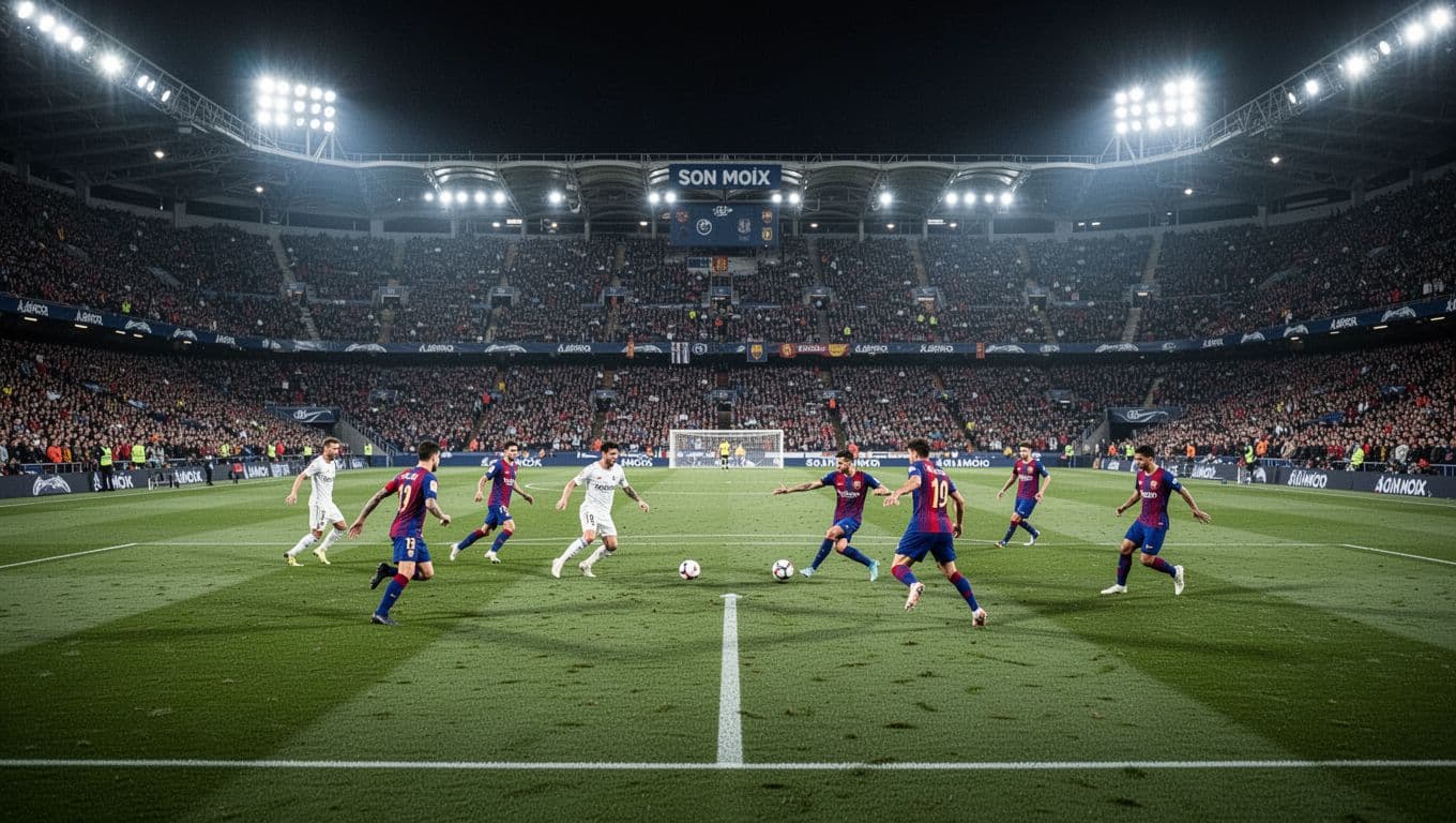 Packed Son Moix stadium at night with bright green field under floodlights, Mallorca and Villarreal teams playing tense first half.