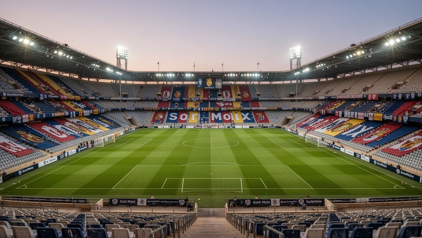 Empty Son Moix stadium at dusk with Mallorca and Villarreal banners, green pitch under floodlights.