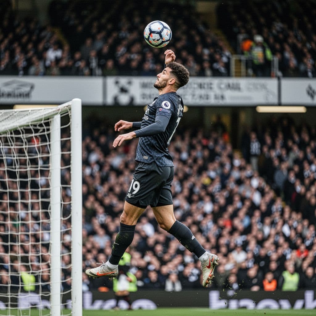 Tall soccer player in dark kit leaps for header to score in crowded stadium.