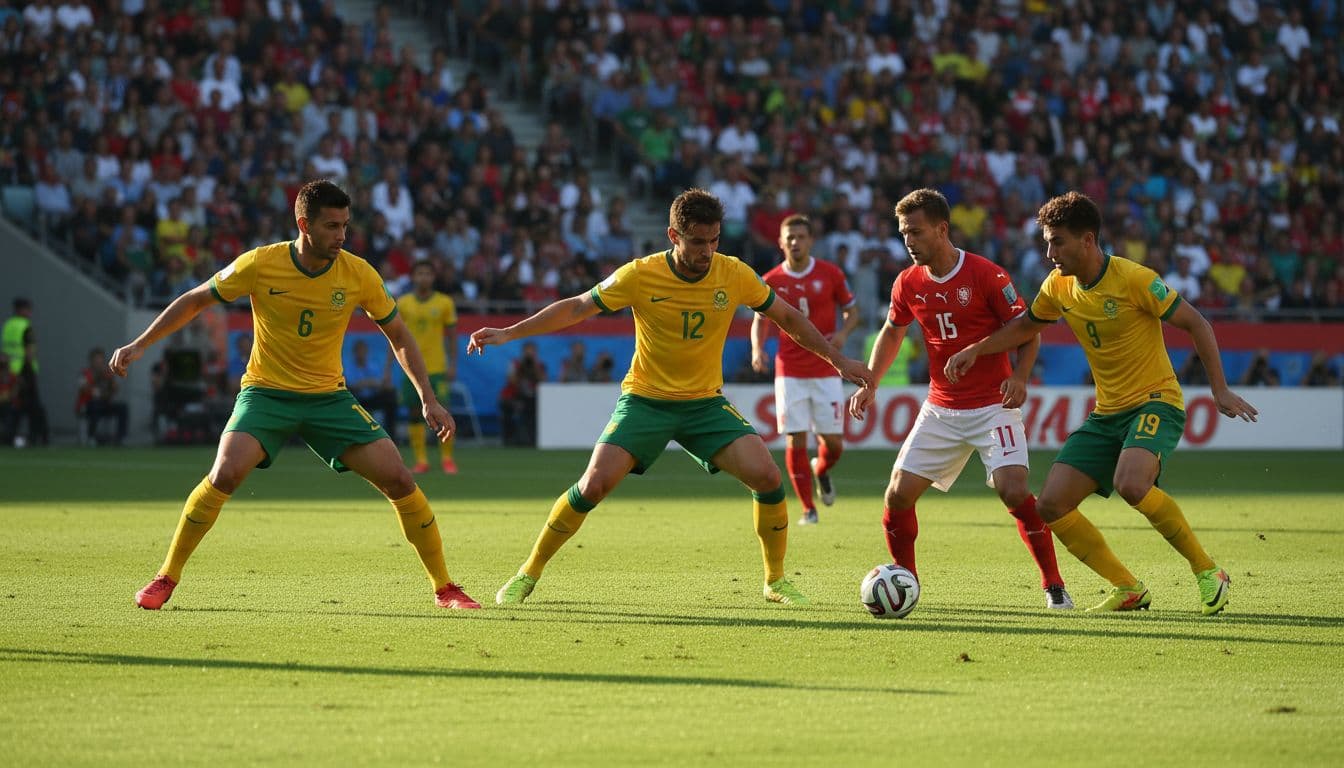 South Africa national team defending compactly against Czech Republic attack in World Cup group stage, with stadium crowd in background, green turf, and afternoon sun. Realistic football scene featuring exactly five players, no additional humans, text, or logos.