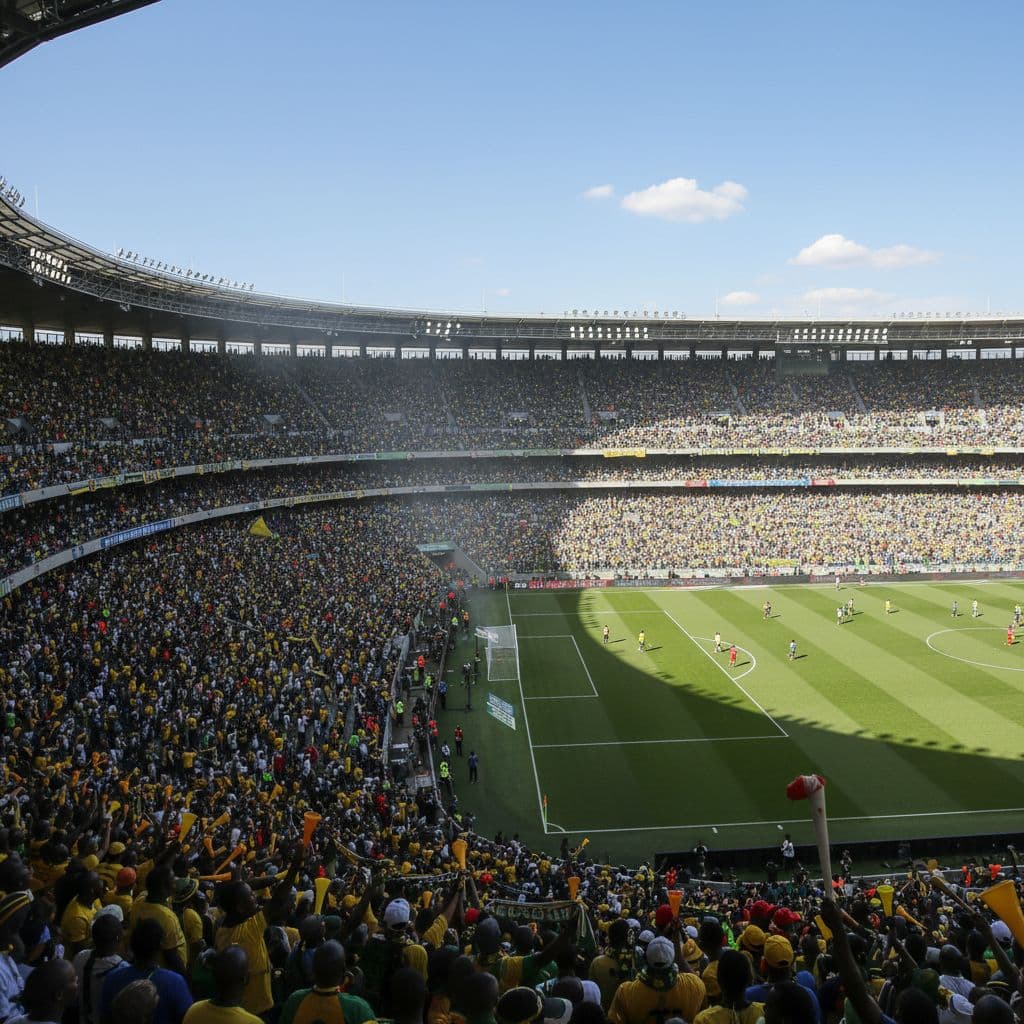 A high-angle shot shows a crowded football stadium filled with enthusiastic fans during a match.