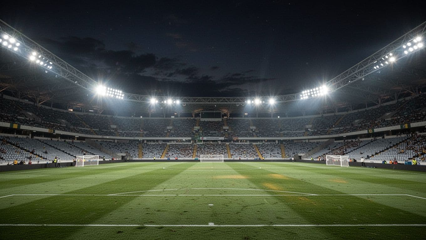 A vast football stadium at night is illuminated by bright overhead floodlights above an empty green pitch.
