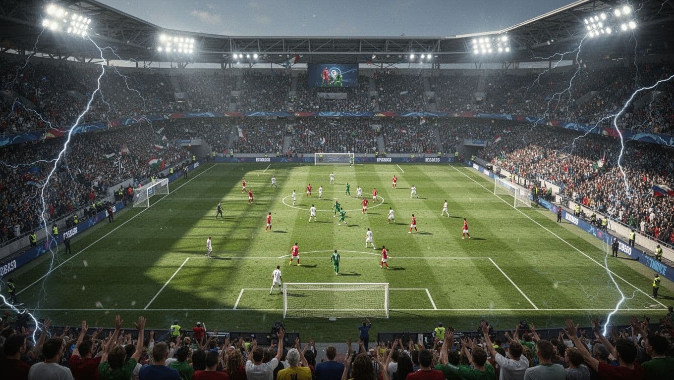 An overhead view of a football stadium illuminated by vibrant floodlights during a competitive international match. Small figures of players navigate the green pitch as a massive crowd fills the stands.