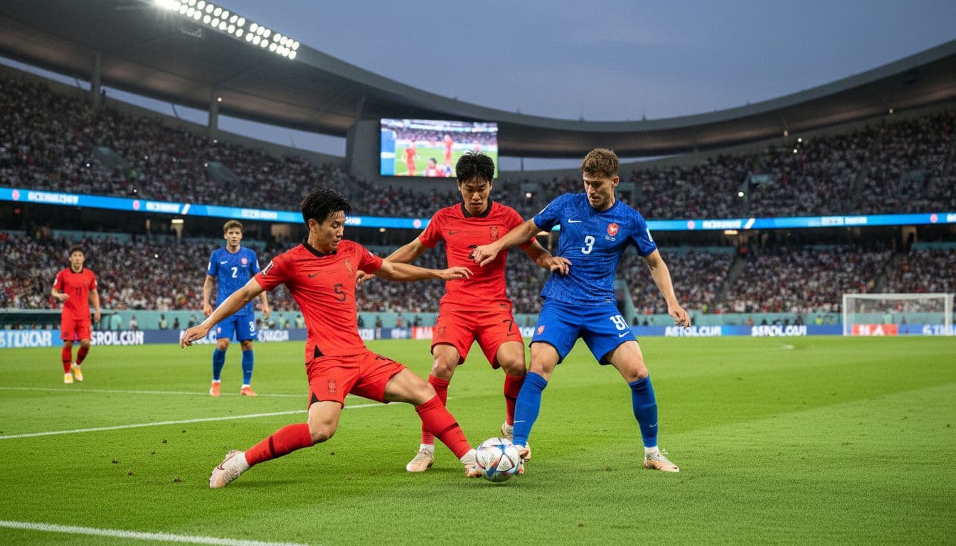 Intense midfield battle in the South Korea vs Czech Republic football match during 2026 World Cup Group A, with exactly four players competing dynamically on a green pitch in a modern stadium under evening lights.