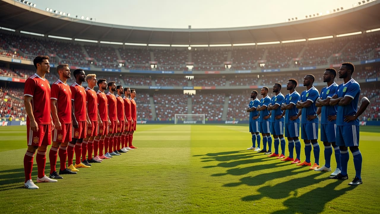 Two squads of soccer players stand in formation on a vibrant green pitch at a large stadium. Bright late afternoon sunlight illuminates the professional athletes as they prepare for kickoff.