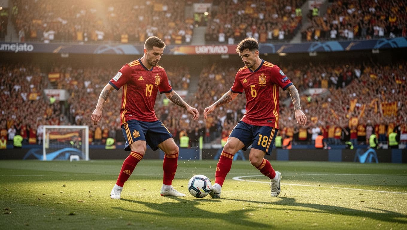Two Spanish national team players move the ball across a vibrant green pitch during a tense match. The blurred stadium stands are packed with enthusiastic fans under warm golden afternoon light.