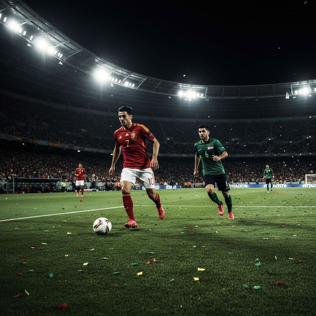 A player in a red kit sprints across the illuminated pitch with the ball, closely pursued by a rival in green. Towering stadium floodlights cast dramatic shadows over the lush grass.