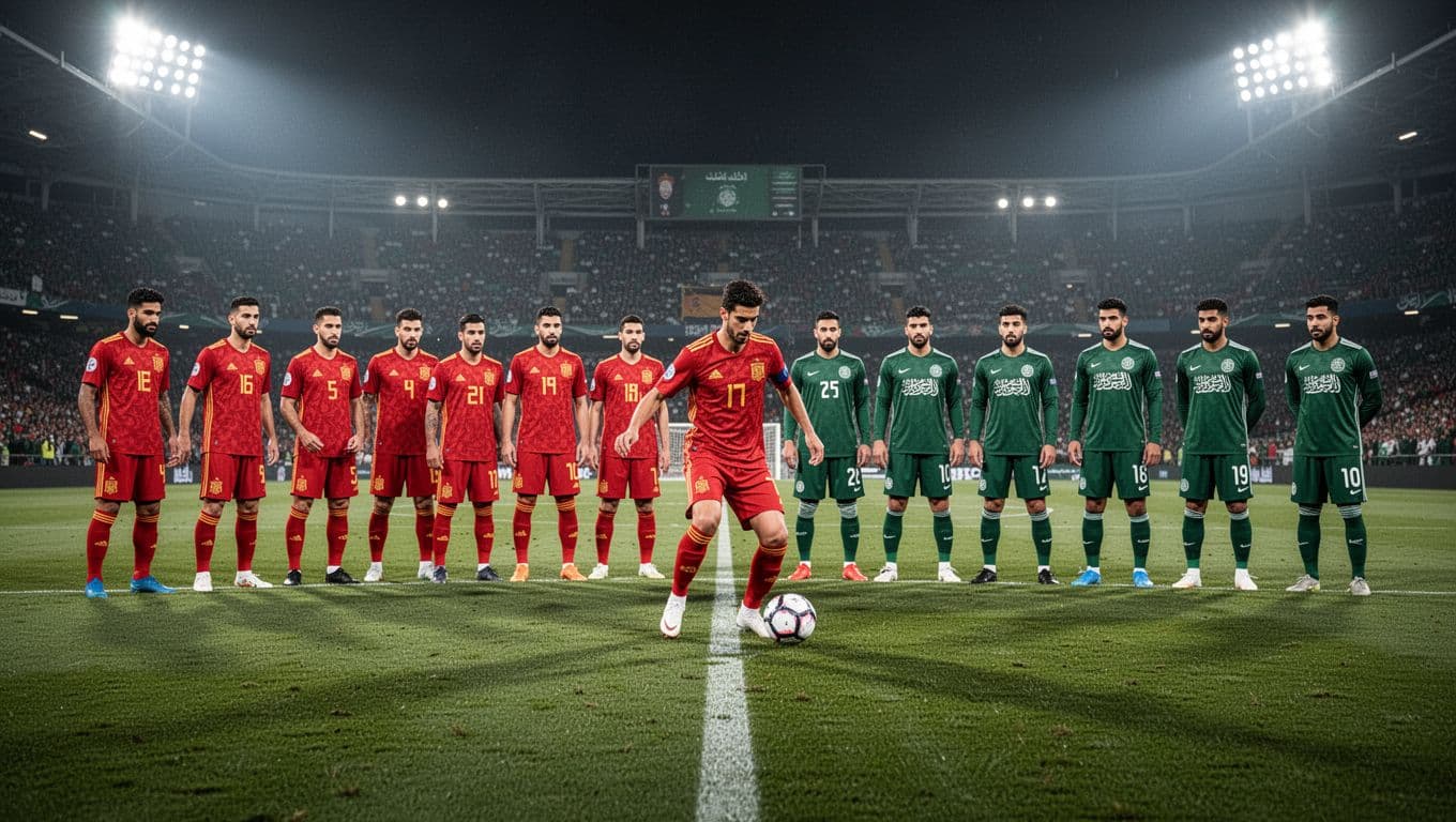 Players in vibrant red and green jerseys contest possession on a lush grass pitch under bright stadium lights. The wide angle shot captures twenty-two athletes positioned strategically across the midfield area.