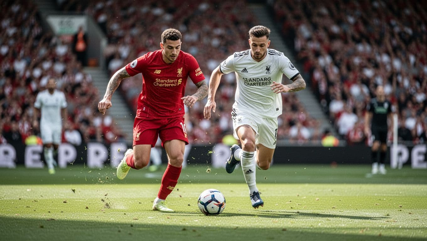 A Spanish athlete and a Saudi Arabian competitor face off intensely on a lush, bright green pitch. The stadium atmosphere glows in the background as both players display competitive determination.