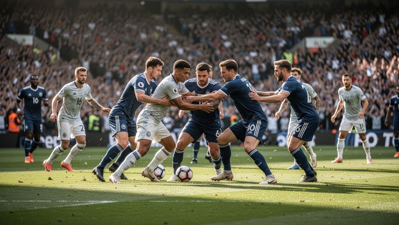 Two national teams face off on a lush green grass pitch under stadium lights. Players scramble for possession while the blurred crowd creates an intense backdrop for the heated tactical battle.