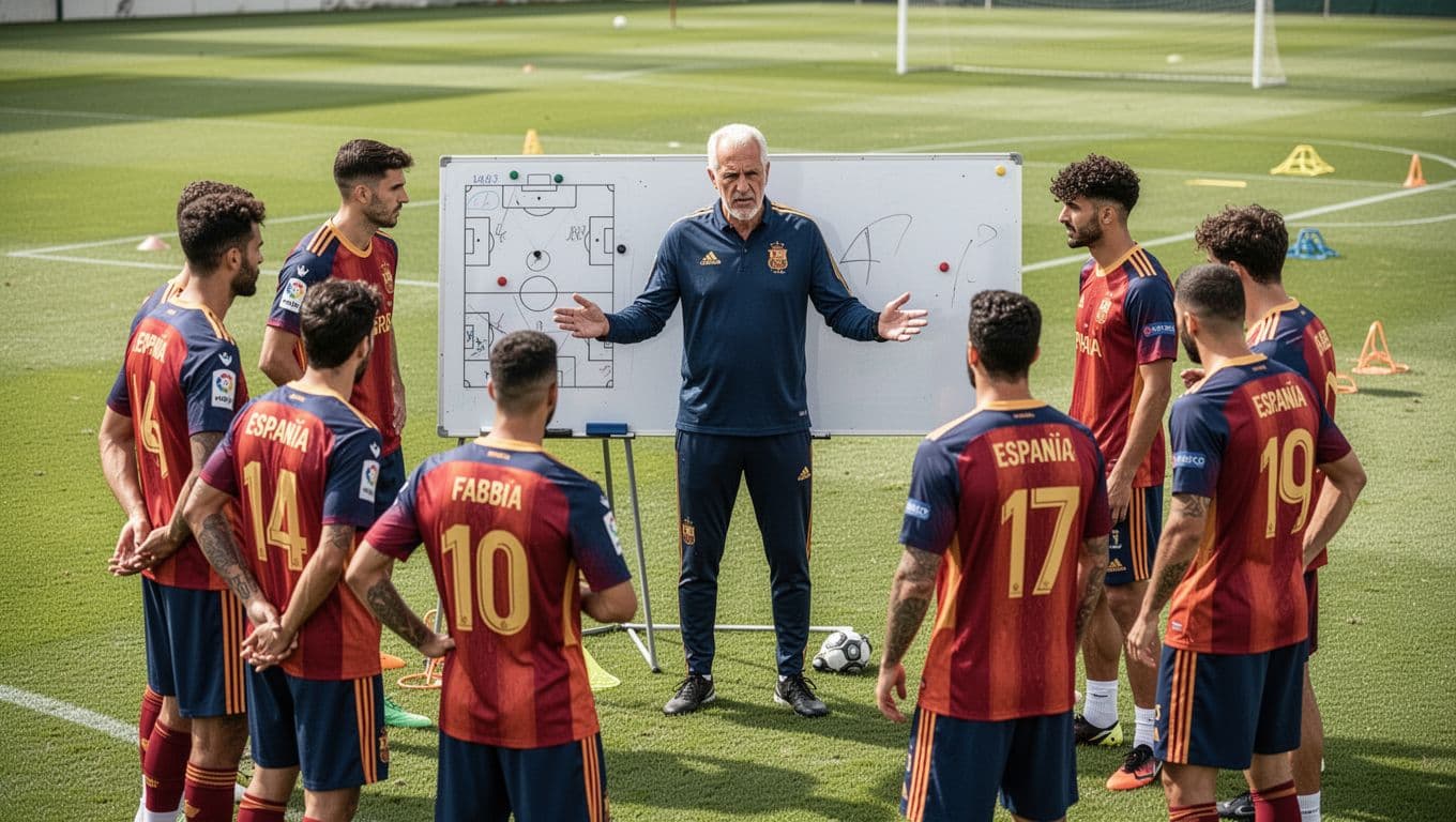 A focused coach stands before a whiteboard illustrating plays for a group of professional Spanish footballers. The team listens intently on a vibrant green training pitch under bright, clear daylight.