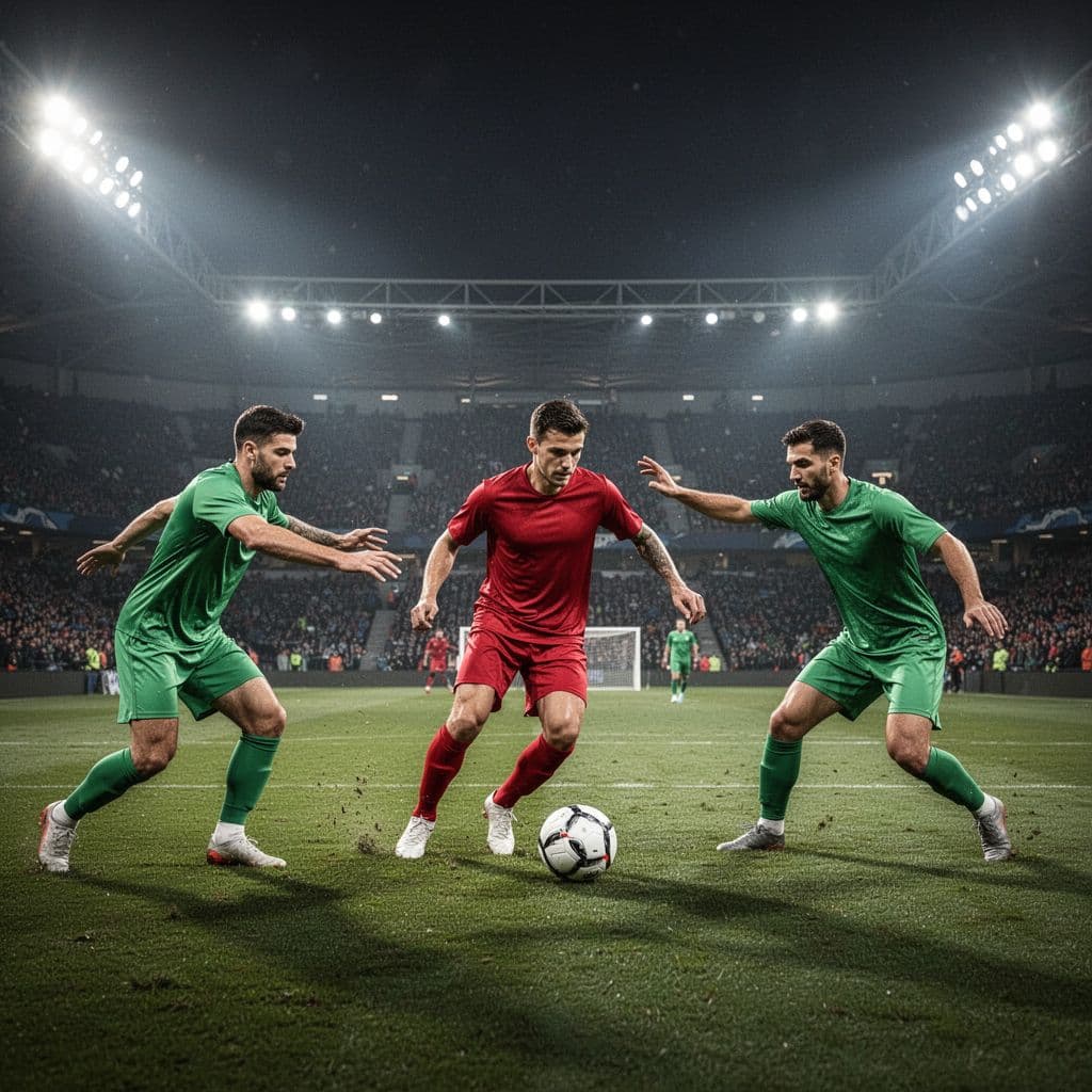 A Spanish player in a red kit skillfully maneuvers the soccer ball past two challenging opponents wearing green jerseys on a lush grass pitch during a professional stadium match.