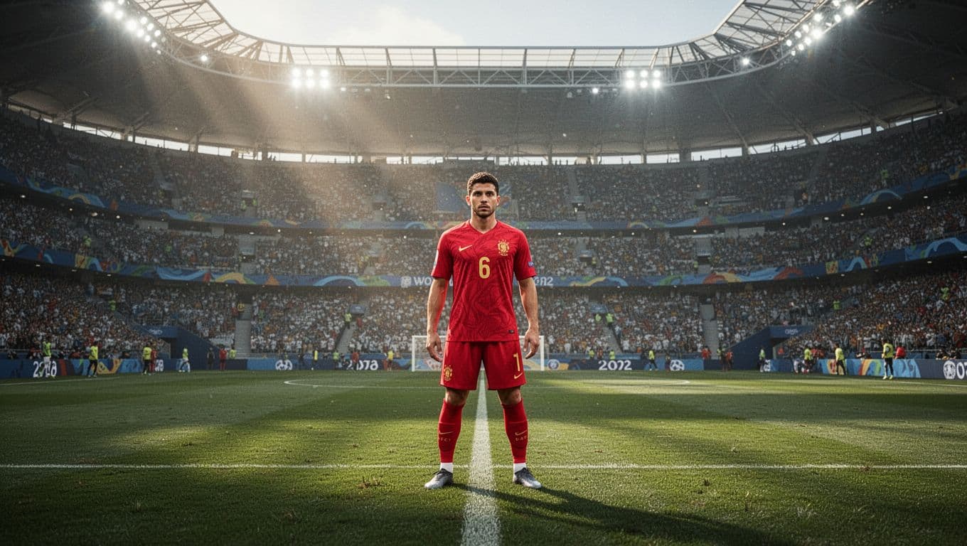 A focused athlete wearing a vivid red uniform stands alone on a lush green pitch inside a colossal stadium. Brilliant floodlights illuminate the grass while the massive arena remains quiet.