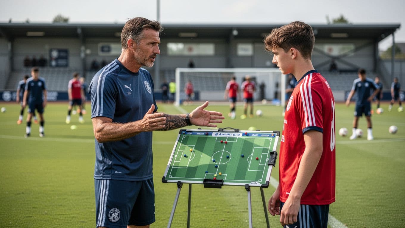 A focused coach in a training kit explains strategic plays using a whiteboard to a young athlete wearing a red jersey. Other team members practice drills on the grassy field behind them.