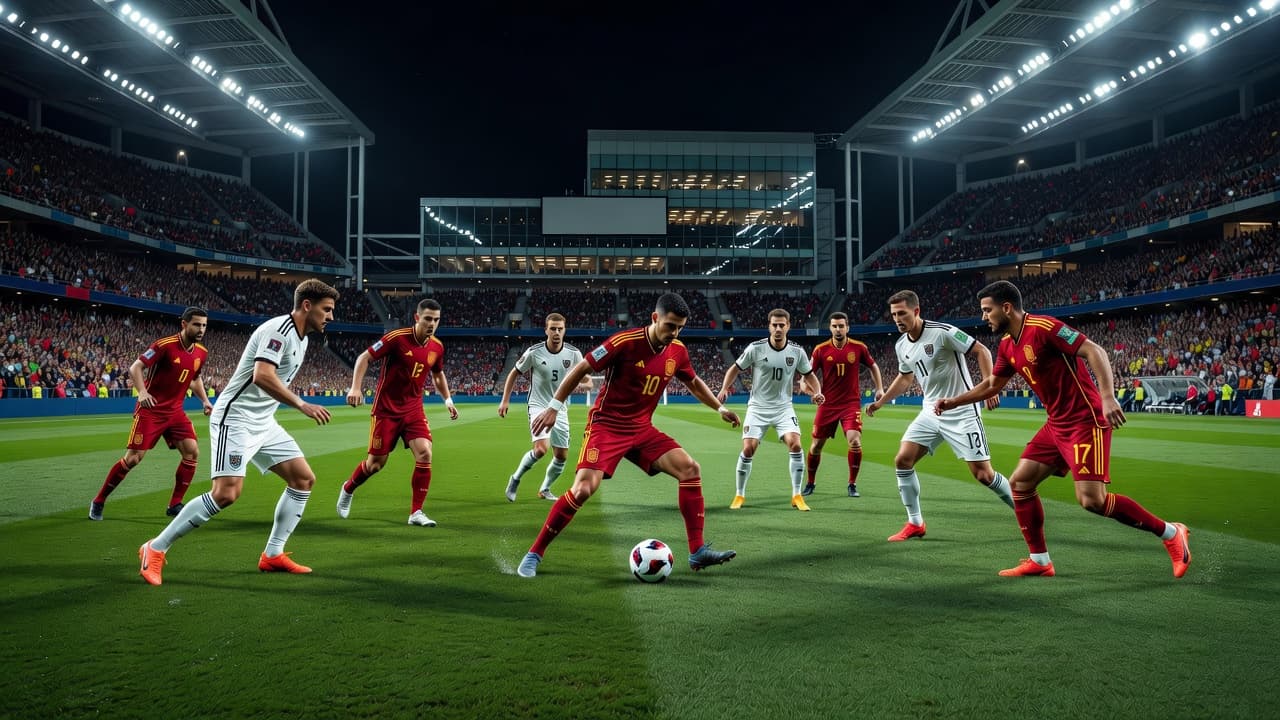 Pemain timnas Spanyol berseragam merah menggiring bola di tengah stadion malam hari yang terang benderang. Lawan dari Austria berusaha keras menekan namun Spanyol tetap menguasai jalannya pertandingan dengan sangat dominan.