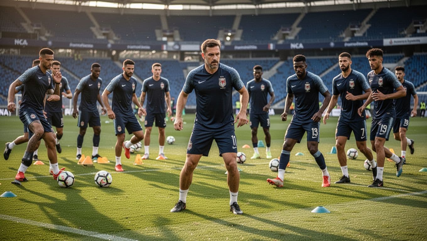 Spanish national players engage in a high-intensity training session on a manicured green pitch during golden hour. A focused coach directs the drills while athletes demonstrate peak physical form and discipline.