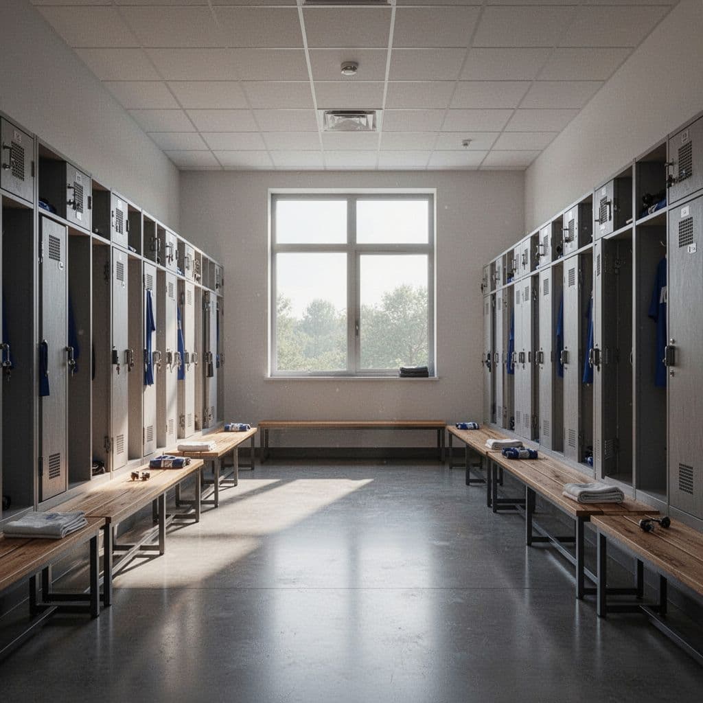 Clean modern football dressing room with neatly arranged lockers and natural light from a window.