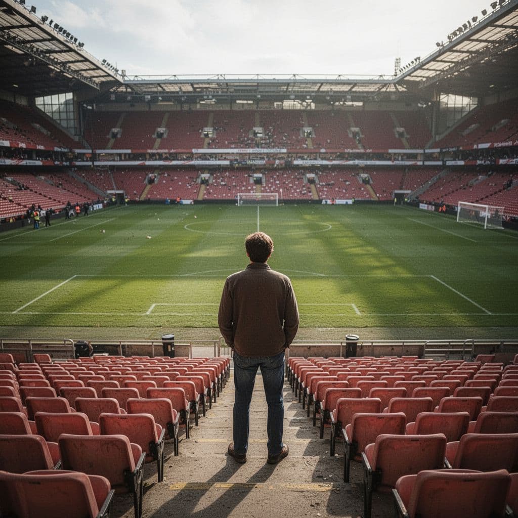 A lone spectator stands in stadium seating, overlooking a quiet football pitch after a game.
