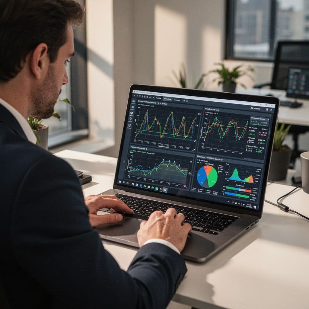 A sports analyst focuses on a laptop screen to evaluate player performance data.