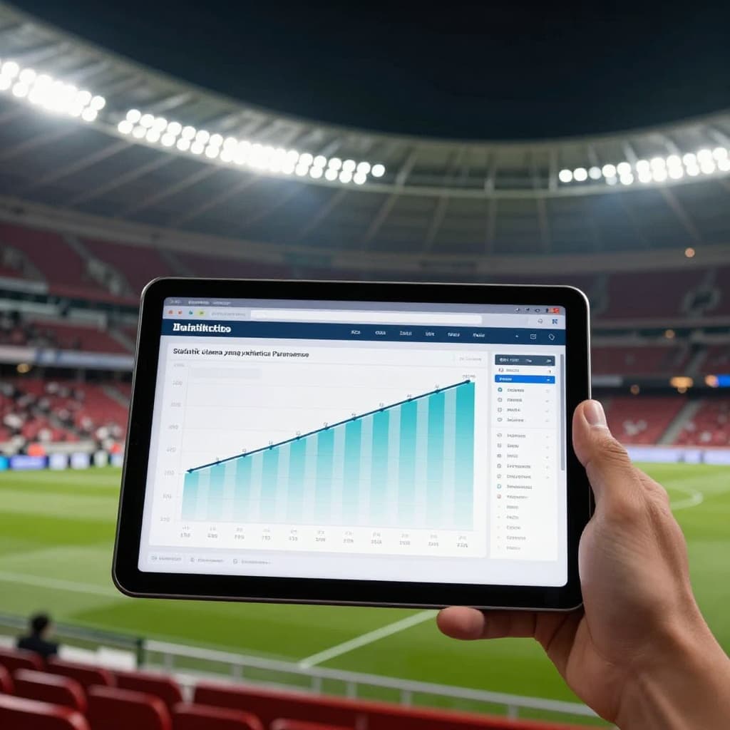 Professional sports analyst holds tablet with abstract graphs against brightly lit stadium background.
