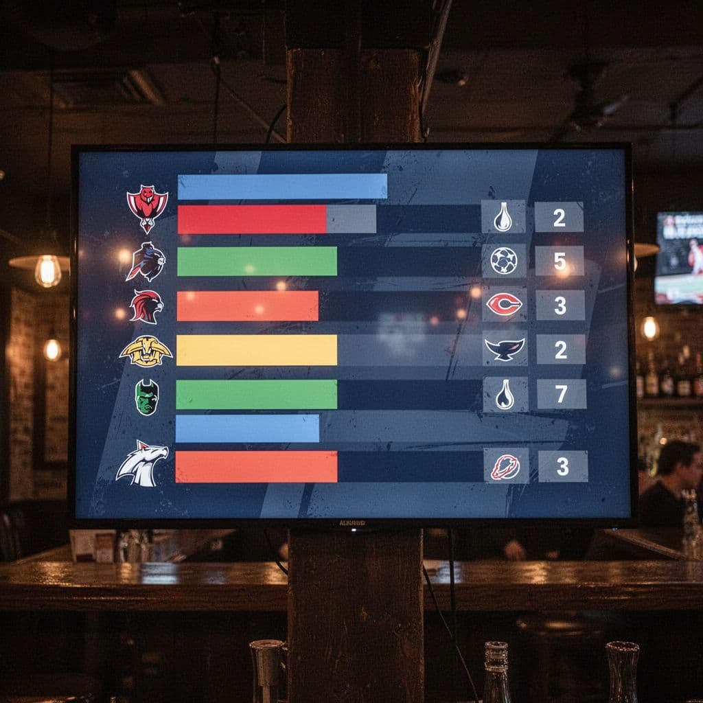 A digital screen in a dark bar displays a professional football league table with team standings.