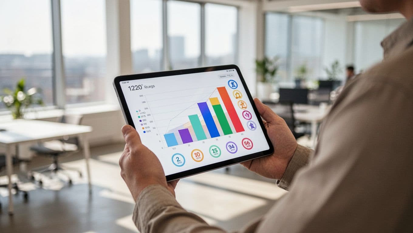 Person holds tablet displaying bar charts and team rankings in modern office.