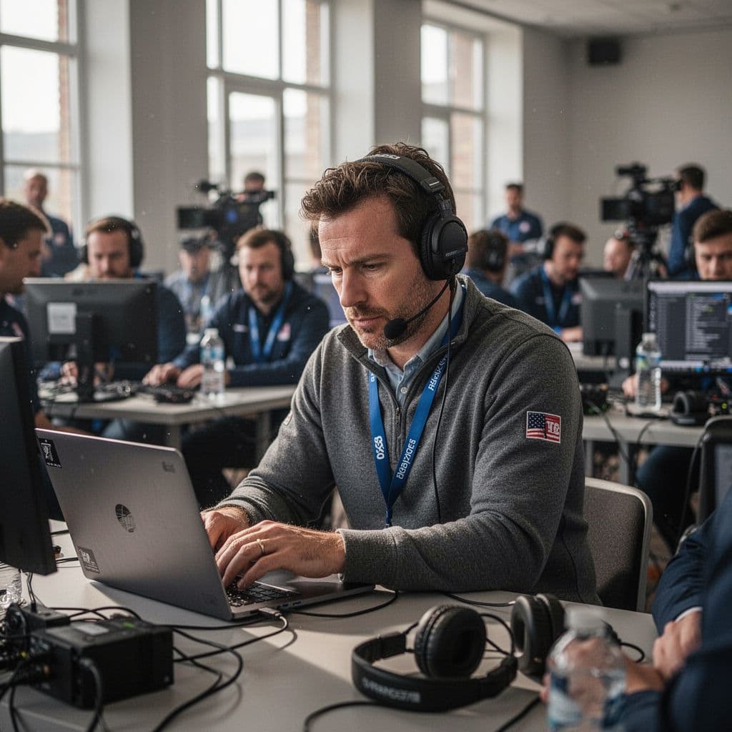 A sports journalist sits at a desk in a bustling, naturally lit press room.