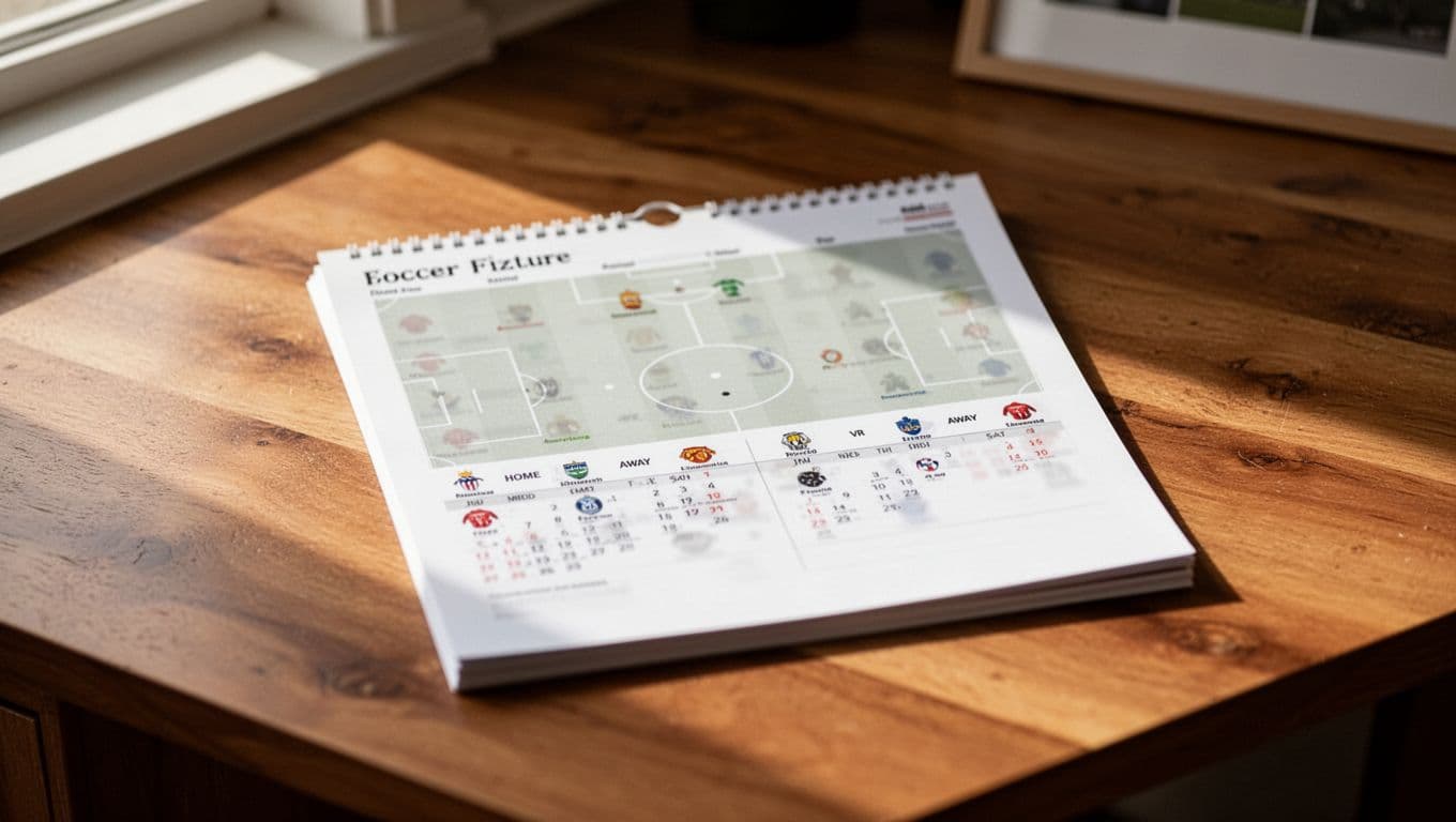 Blurred soccer schedule calendar for Stade d'Abidjan Ligue 1 2026 on wooden desk under soft natural light.