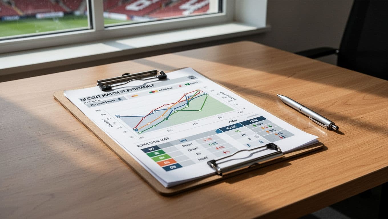 Clipboard on stadium office desk displays visual win-draw-loss trends and home-away stats for Stade d'Abidjan matches.
